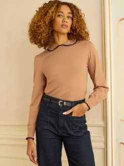 Love & Roses Camel Crochet Tipped Knitted Collar Jumper