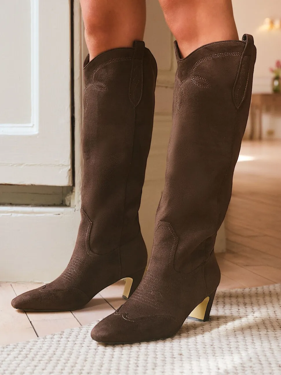 Love & Roses Chocolate Brown Faux Suede Pull On Western Low Heel Smart Long Boots
