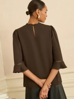 Love & Roses Chocolate Brown 3/4 Flute Sleeve Blouse
