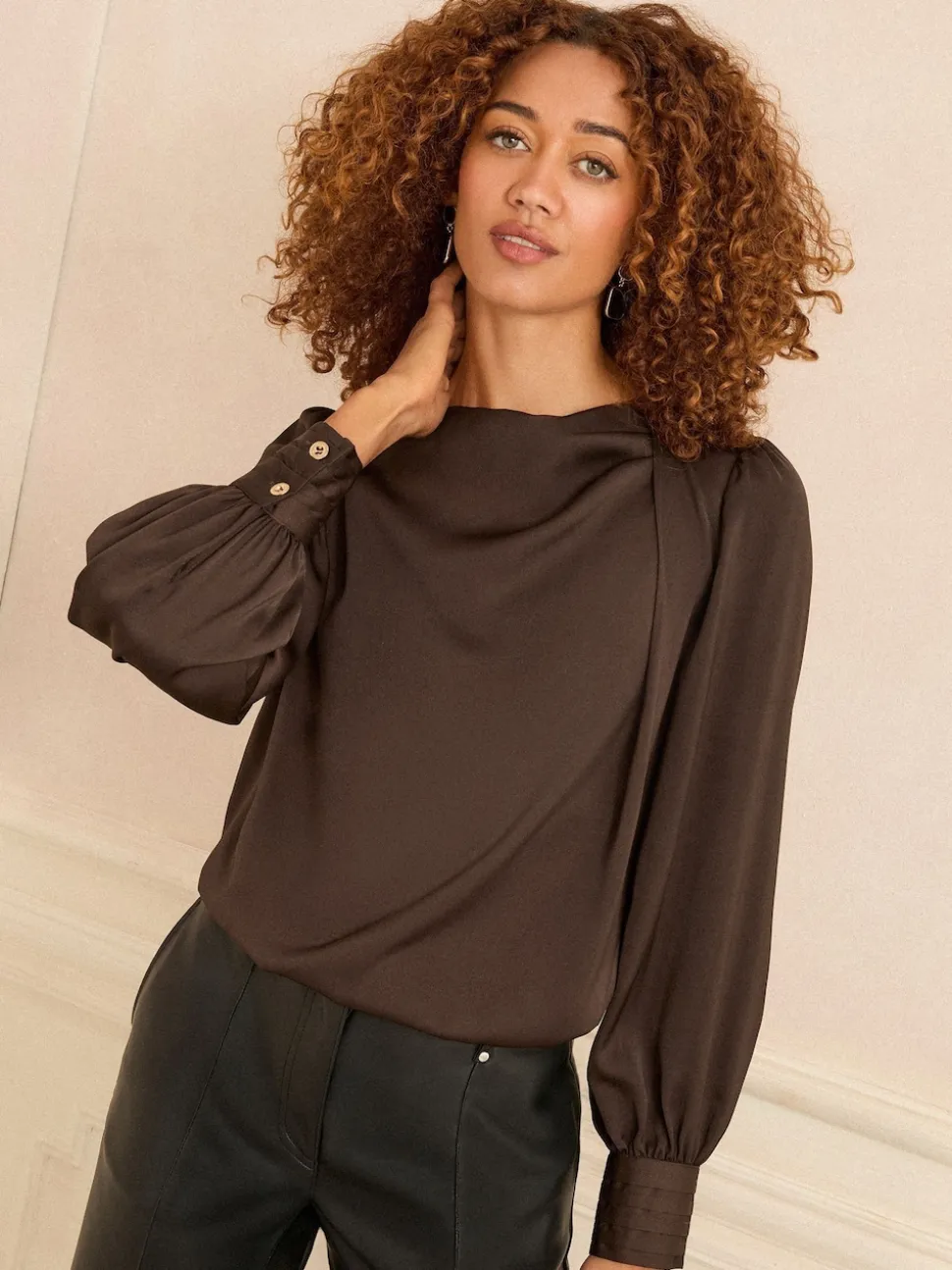 Love & Roses Chocolate Brown Long Sleeve Satin Cowl Neck Blouse