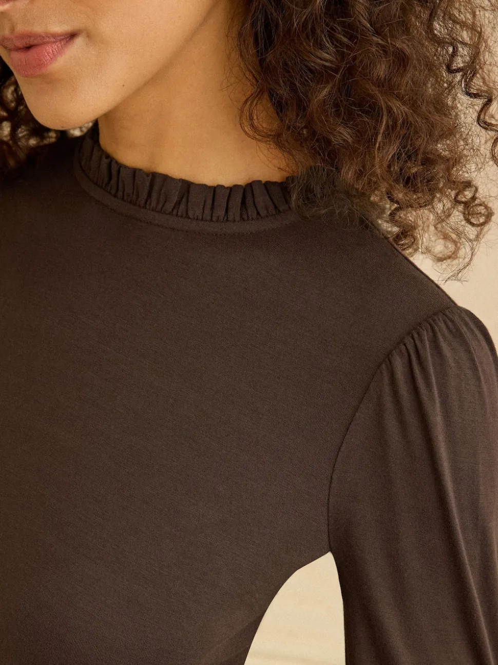 Love & Roses Chocolate Brown Frill Neck Long Sleeve Jersey Top