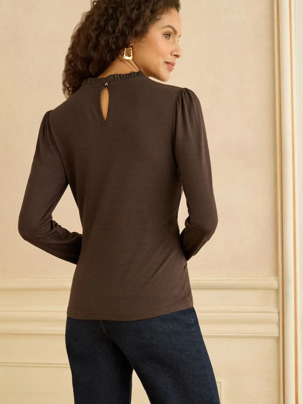 Love & Roses Chocolate Brown Frill Neck Long Sleeve Jersey Top