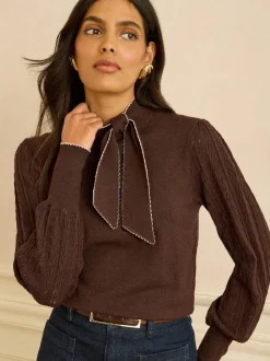 Love & Roses Chocolate Brown Tie Neck Knitted Jumper