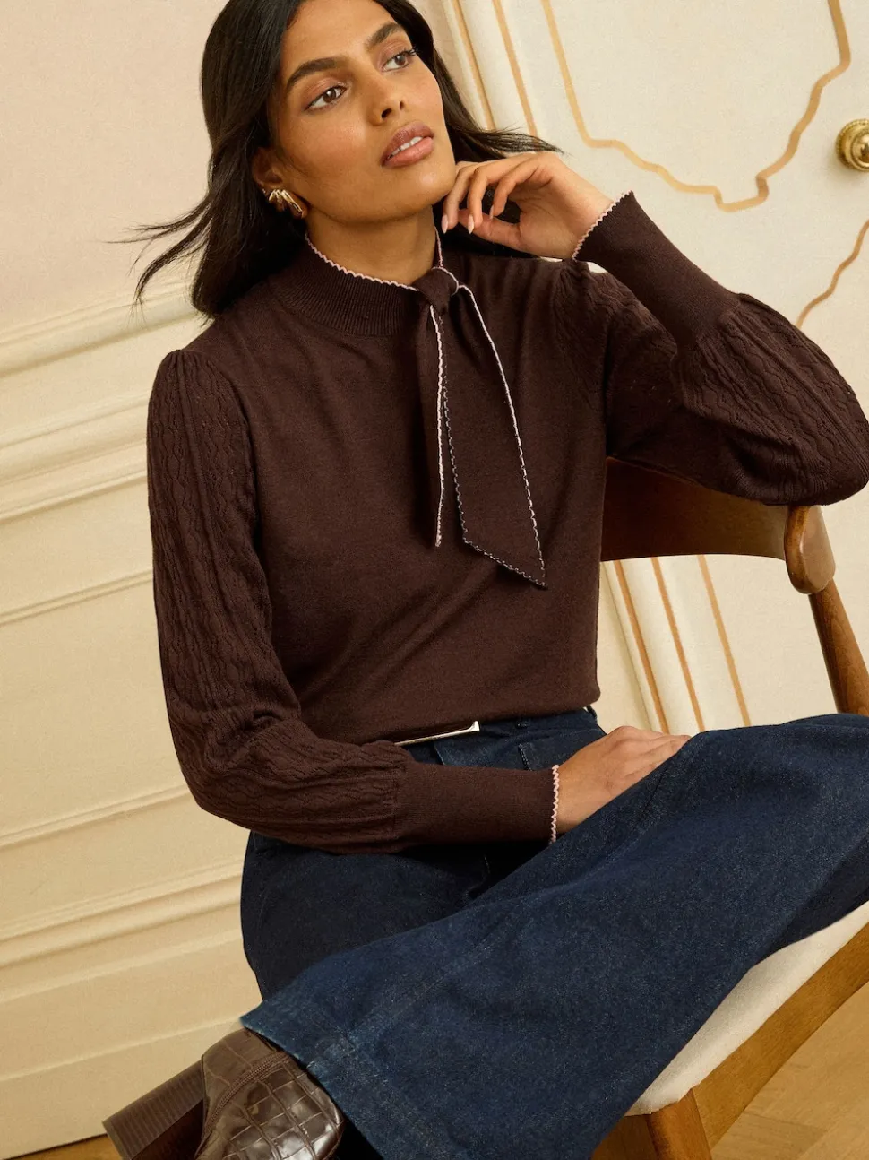 Love & Roses Chocolate Brown Tie Neck Knitted Jumper