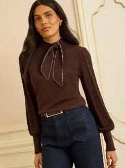 Love & Roses Chocolate Brown Tie Neck Knitted Jumper