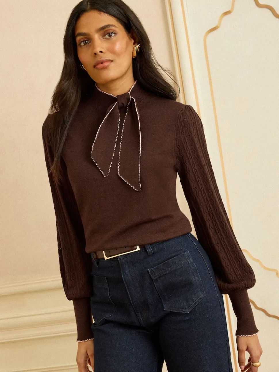 Love & Roses Chocolate Brown Tie Neck Knitted Jumper