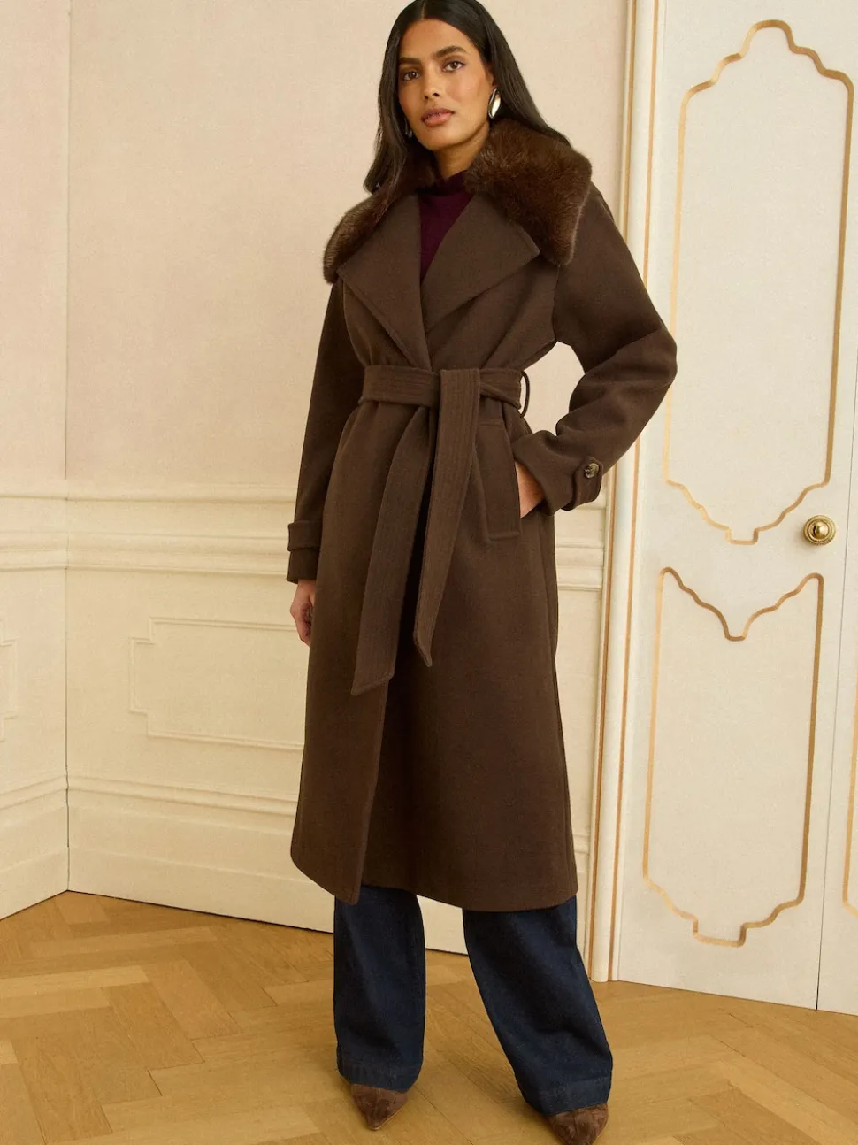 Love & Roses Chocolate Brown Fur Collared Wrap Coat