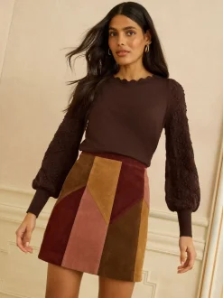 Love & Roses Chocolate Brown Bobble Stitch Scallop Knit Jumper