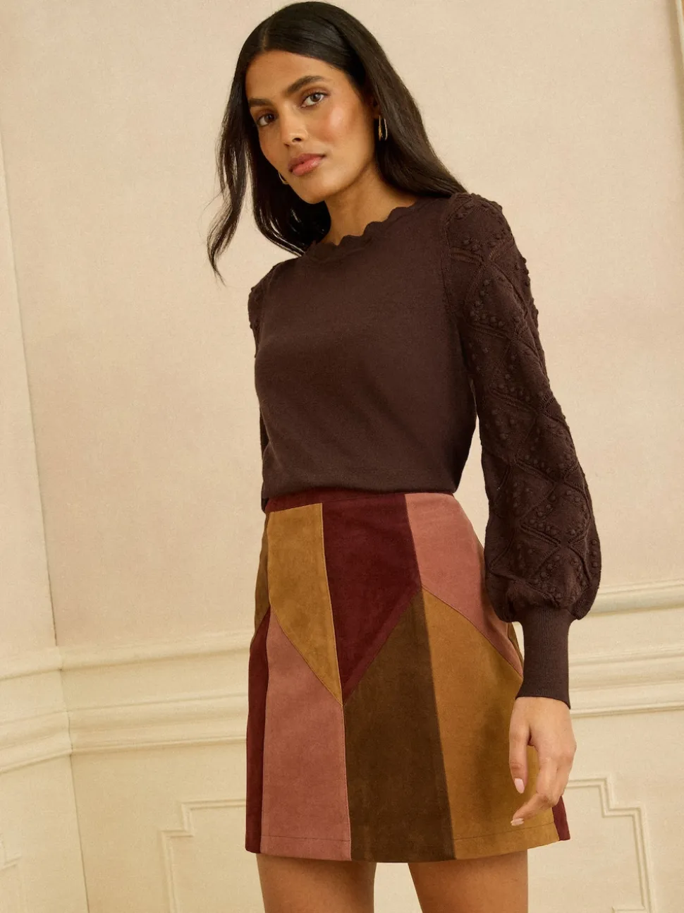 Love & Roses Chocolate Brown Bobble Stitch Scallop Knit Jumper
