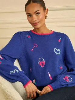 Love & Roses Cobalt Blue Embroidered Detail Knitted Jumper