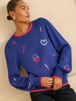 Love & Roses Cobalt Blue Embroidered Detail Knitted Jumper