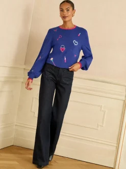 Love & Roses Cobalt Blue Embroidered Detail Knitted Jumper