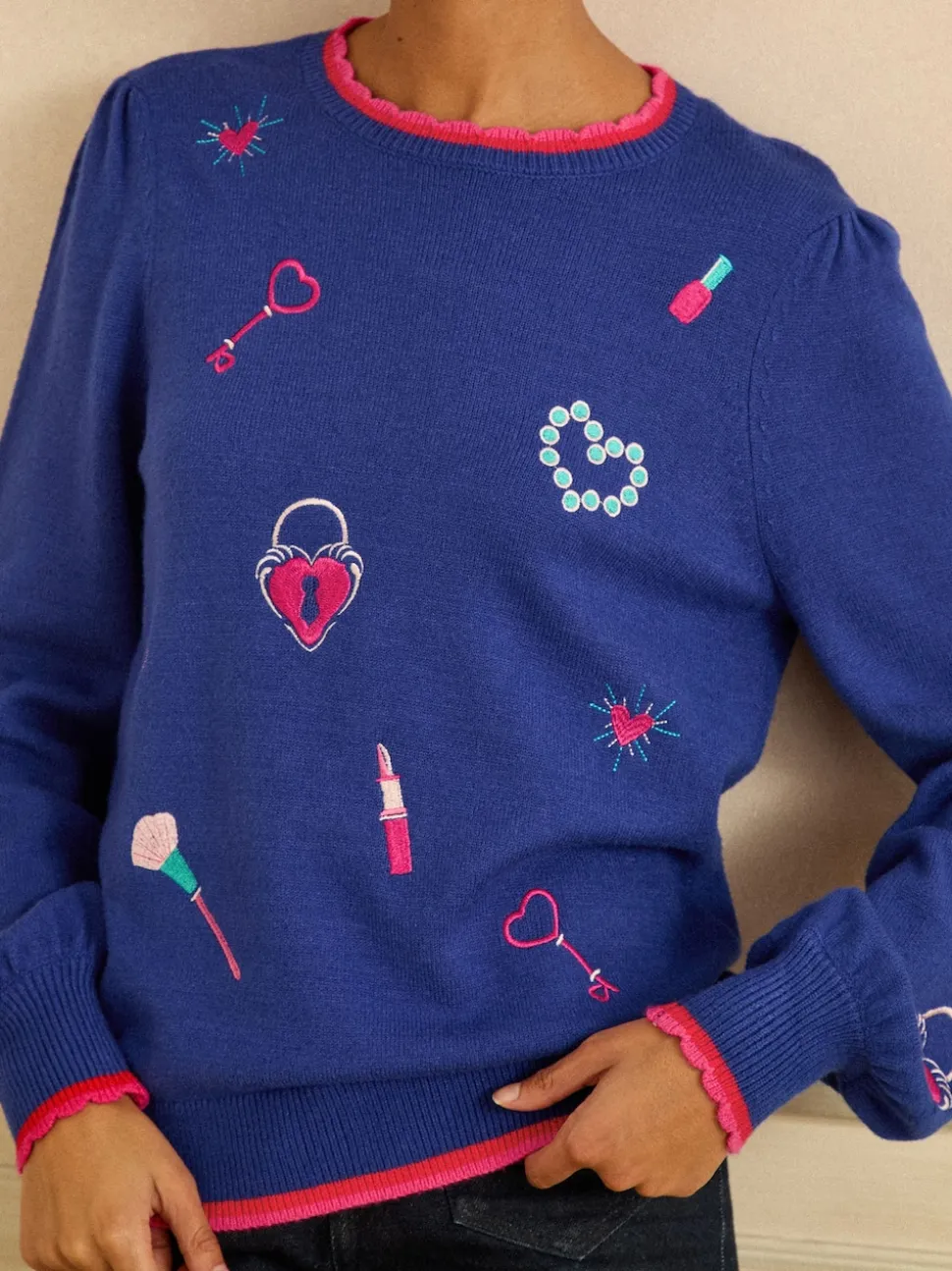 Love & Roses Cobalt Blue Embroidered Detail Knitted Jumper