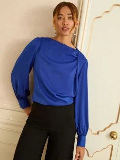 Love & Roses Cobalt Blue Long Sleeve Satin Cowl Neck Blouse