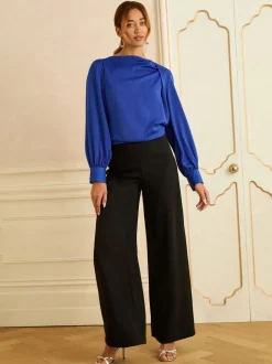 Love & Roses Cobalt Blue Long Sleeve Satin Cowl Neck Blouse