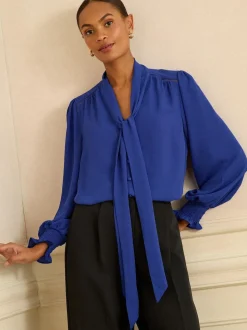 Love & Roses Cobalt Blue Long Sleeve Pussybow Blouse