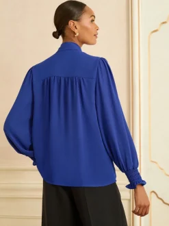 Love & Roses Cobalt Blue Long Sleeve Pussybow Blouse