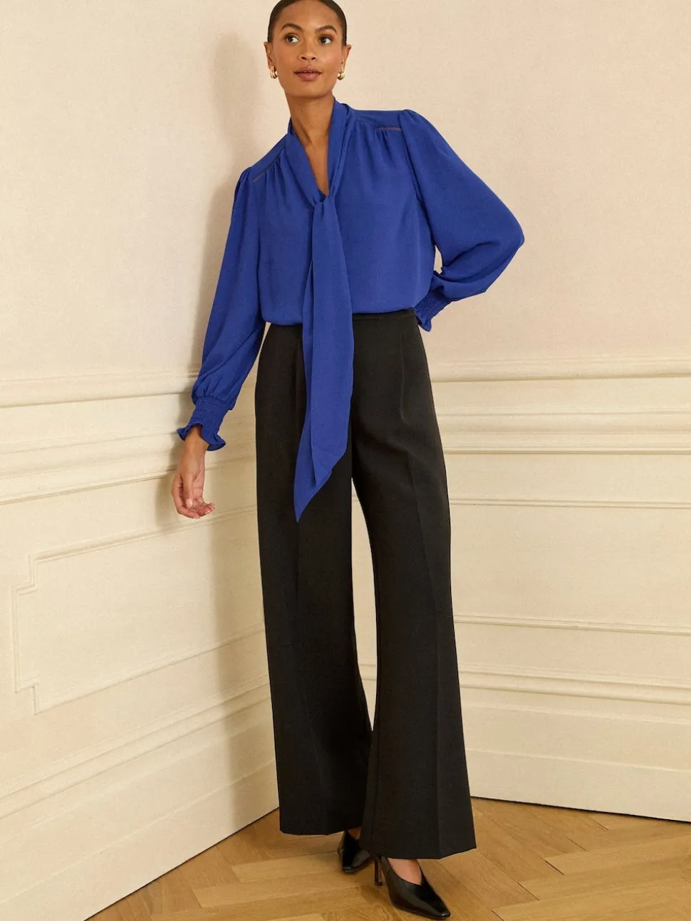 Love & Roses Cobalt Blue Petite Long Sleeve Pussybow Blouse