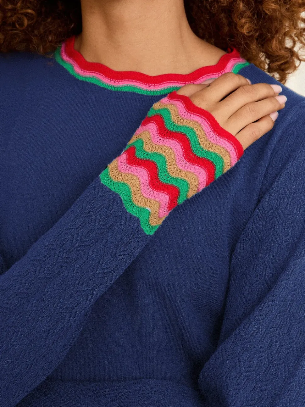 Love & Roses Cobalt Blue Wavy Rainbow Stripe Knit Jumper