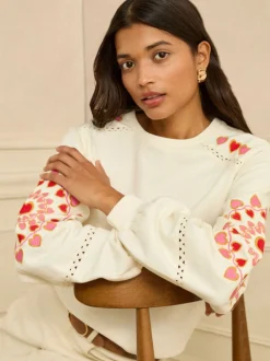 Love & Roses Cream Heart Ric Rac Embroidered Sweat Top