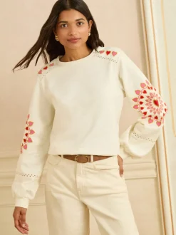 Love & Roses Cream Heart Ric Rac Embroidered Sweat Top