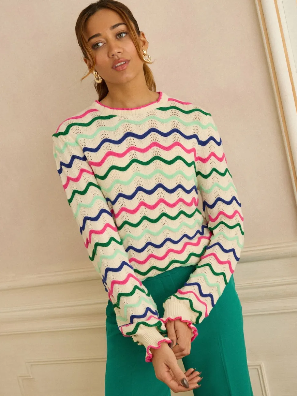 Love & Roses Cream Multicolored Wavy Stripe Frill Neck Knitted Jumper