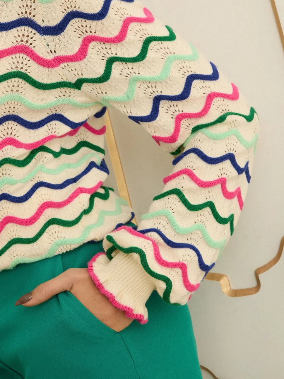 Love & Roses Cream Multicolored Wavy Stripe Frill Neck Knitted Jumper