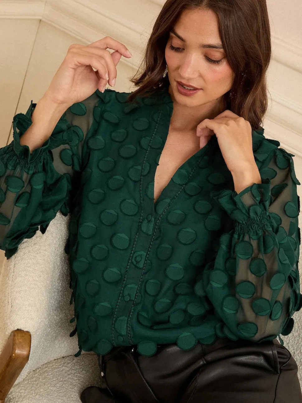 Love & Roses Dark Green 3D Spot Long Sleeve Blouse
