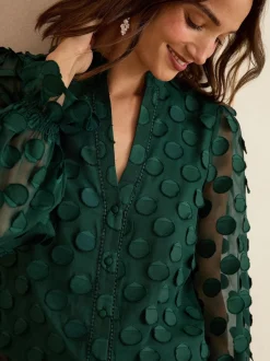 Love & Roses Dark Green 3D Spot Long Sleeve Blouse