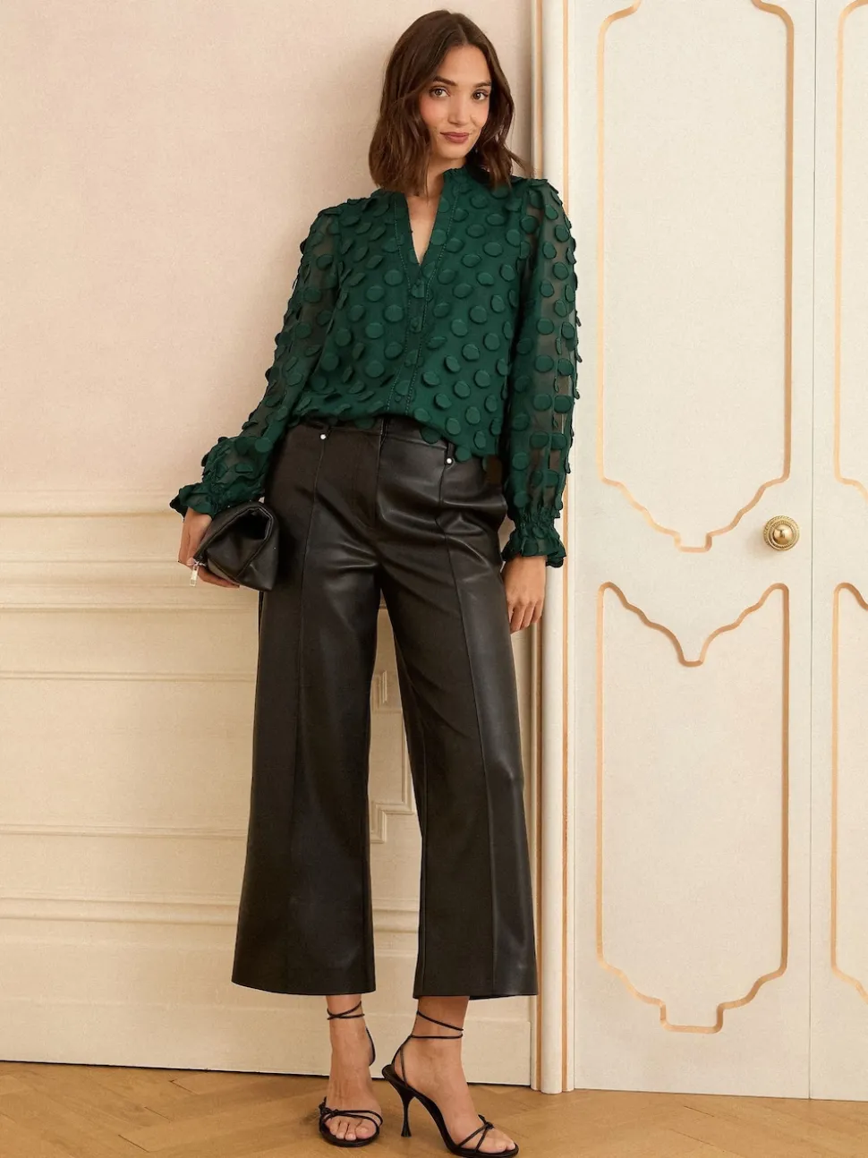 Love & Roses Dark Green 3D Spot Long Sleeve Blouse