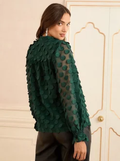 Love & Roses Dark Green 3D Spot Long Sleeve Blouse