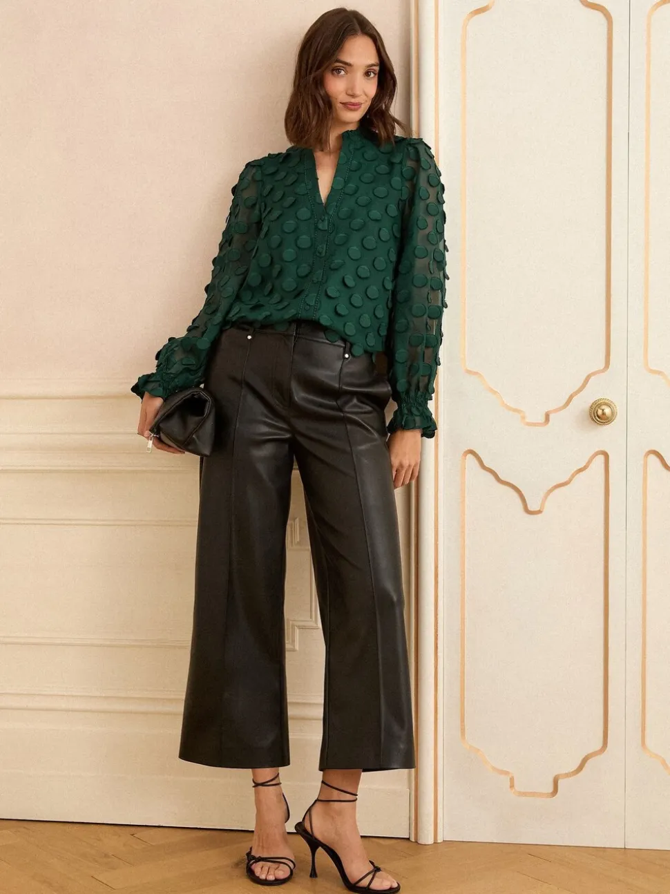 Love & Roses Dark Green Petite 3D Spot Long Sleeve Blouse