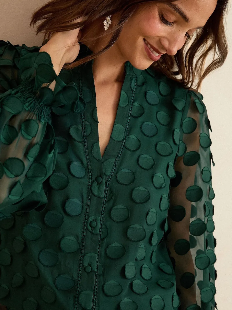 Love & Roses Dark Green Petite 3D Spot Long Sleeve Blouse