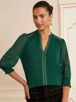 Love & Roses Forest Green V-Neck Hardware 3/4 Sleeve Blouse