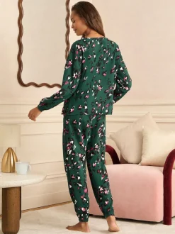 Love & Roses Forest Green Leopard Print Jersey Long Sleeve Pyjamas Set
