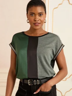 Love & Roses Green and Black Embellished Cuff Satin Front Satin Front V-Neck Short Sleeve Top