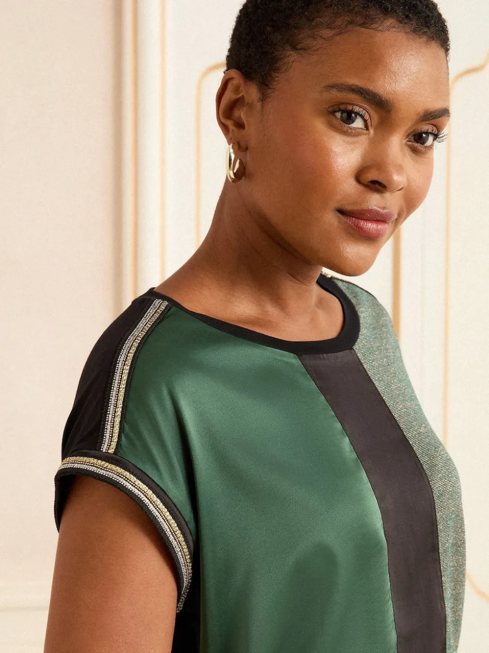 Love & Roses Green and Black Embellished Cuff Satin Front Satin Front V-Neck Short Sleeve Top