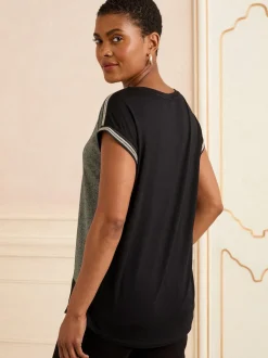 Love & Roses Green and Black Embellished Cuff Satin Front Satin Front V-Neck Short Sleeve Top