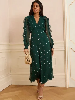 Love & Roses Green Heart Embroidered Ruffle Midi Dress
