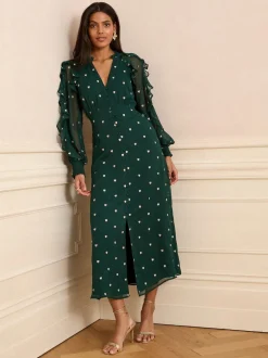 Love & Roses Green Heart Embroidered Ruffle Midi Dress