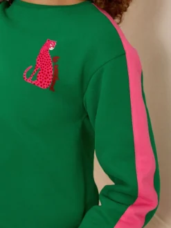 Love & Roses Green Leopard with Pink Stripe Crew Neck Jersey Sweatshirt