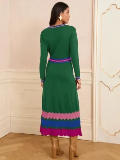 Love & Roses Green Notch Neck Knitted Midi Dress
