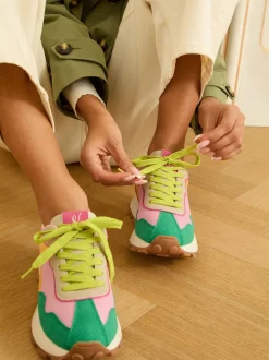 Love & Roses Green Pink Multi Mix Material Retro Comfort Jogger Trainers