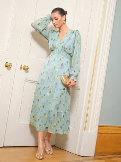 Love & Roses Green Spot Metallic Long Sleeve Midi Dress