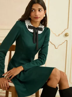 Love & Roses Green/White Ecru Spot Long Sleeve Contrast Collar Mini Dress