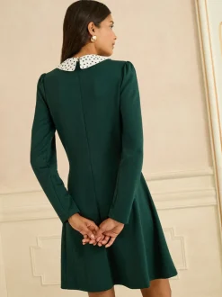 Love & Roses Green/White Ecru Spot Long Sleeve Contrast Collar Mini Dress