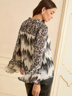 Love & Roses Grey Animal V-Neck Hardware Flute Sleeve Blouse