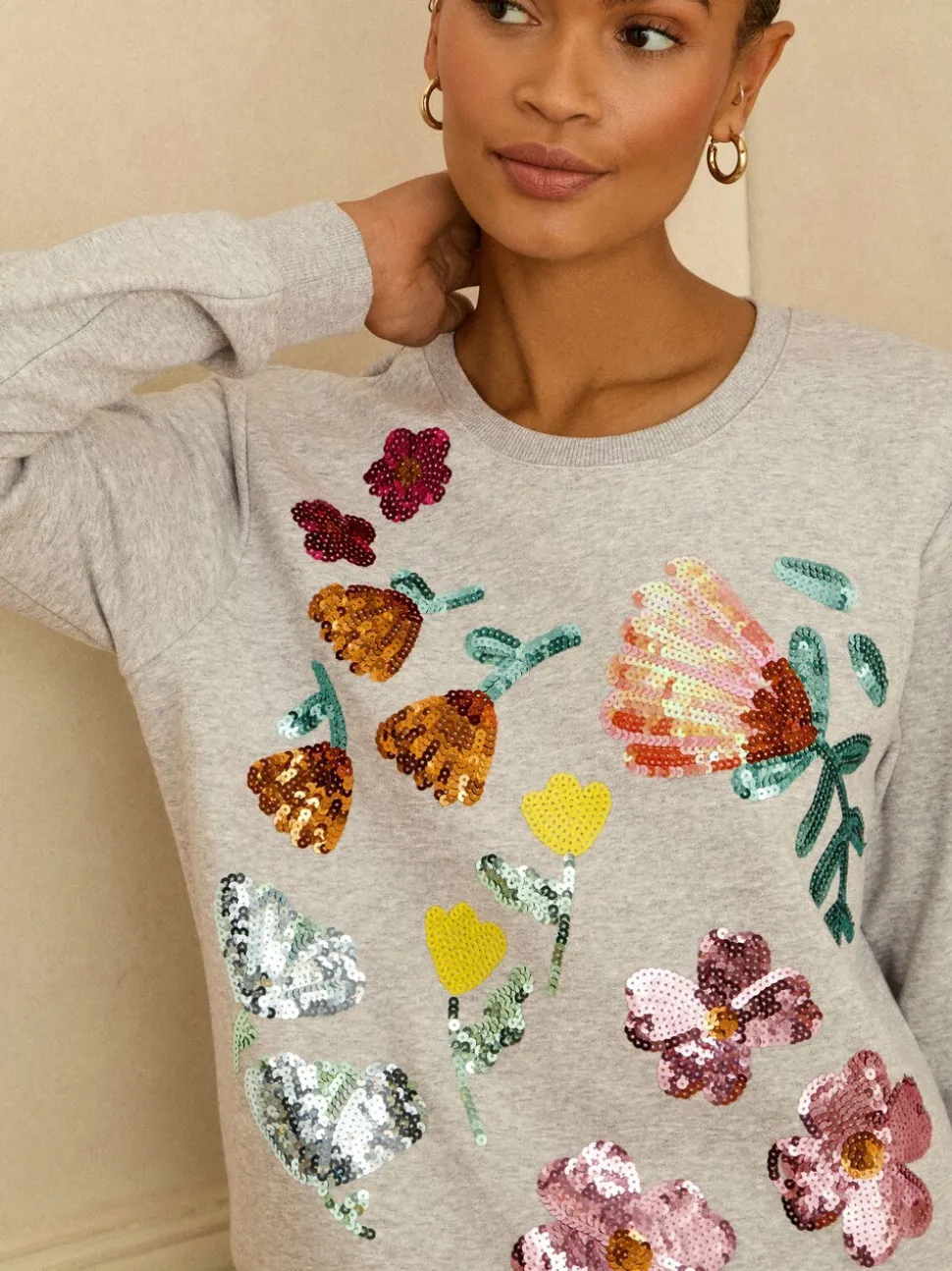 Love & Roses Grey Floral Sequin Embroidered Sweat Top