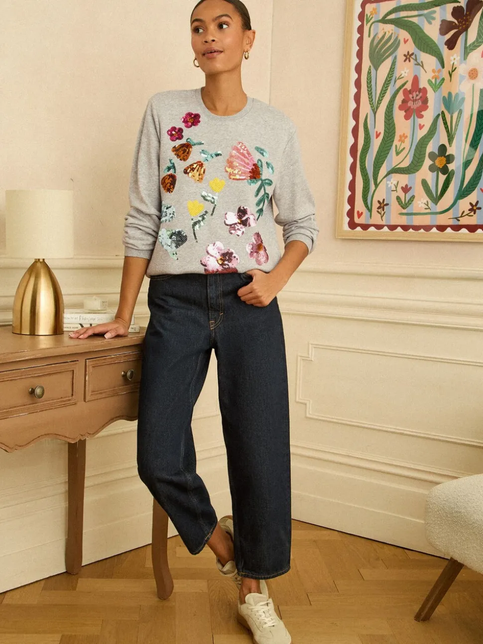 Love & Roses Grey Floral Sequin Embroidered Sweat Top