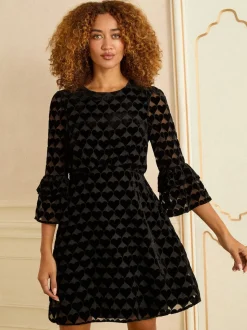 Love & Roses Heart Burnout Flute Sleeve Mini Dress